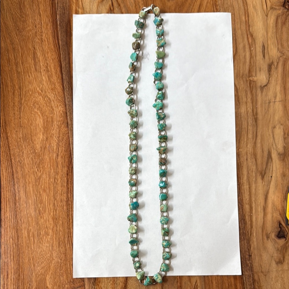 Antique Turquoise Silver Tone Chain Necklace 14”